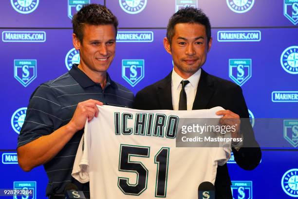 Mariners General Manager Jerry Dipoto and Ichiro Suzuki of the Seattle Mariners pose for photographers during a press conference on March 7, 2018 in...