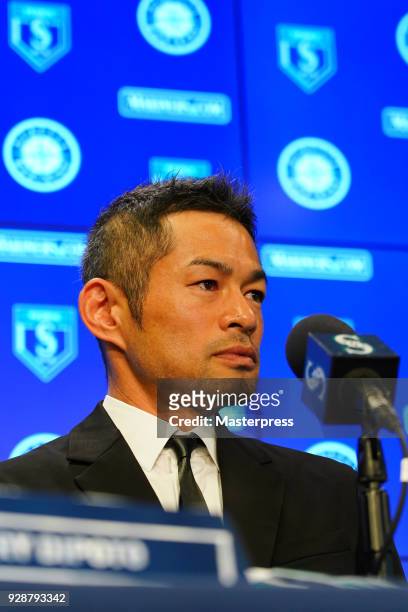 Seattle Mariners new signing Ichiro Suzuki is seen during a press conference on March 7, 2018 in Peoria, Arizona.