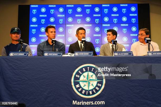 Seattle Mariners new signing Ichiro Suzuki speaks during a press conference on March 7, 2018 in Peoria, Arizona.