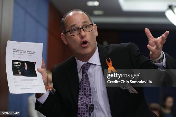 Fred Guttenberg, father of murdered Marjory Stoneman Douglas freshman Jamie Guttenberg, speaks during a meeting with U.S. Senate Democrats in the...