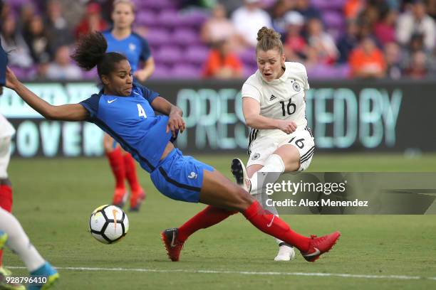 Laura Georges of France and Linda Dallmann of Germany fight for the ball during the SheBelieves Cup soccer match at Orlando City Stadium on March 7,...
