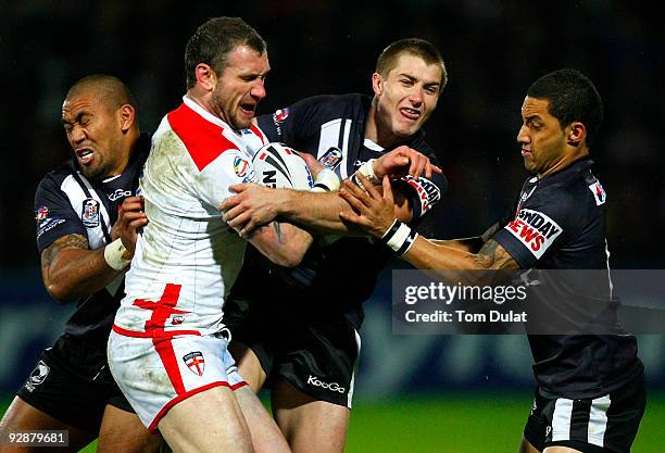 Jamie Peacock of England breaks through New Zeland defence during the Gillette Four Nations match between England and New Zealand at The Galpharm...