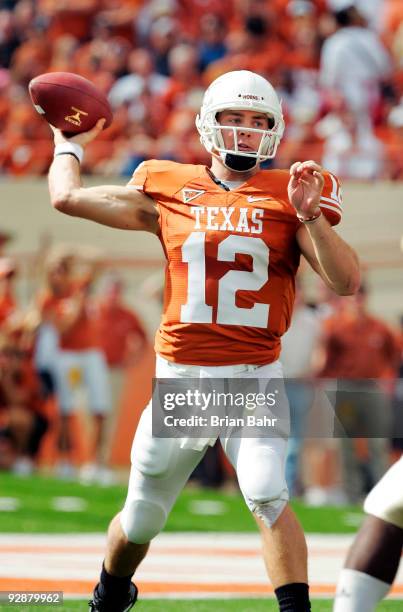 Quarterback Colt McCoy of the Texas Longhorns looks throws against the UCF Knights in the first quarter on November 7, 2009 at Darrell K Royal -...