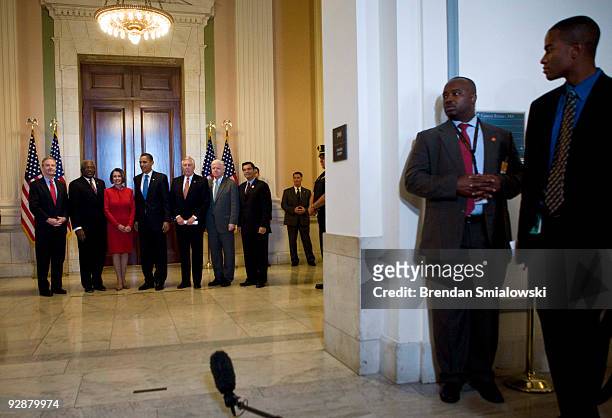 From left, Rep. Chris Van Hollen , House Majority Whip James Clyburn , Speaker of the House Nancy Pelosi , President Barack Obama, House Majority...