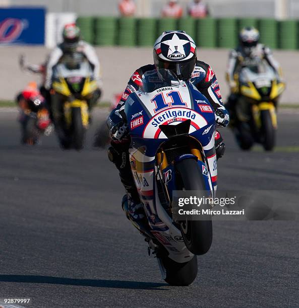 Ben Spies of USA and Yamaha Factory Racing heads down a straight during the qualifying practice session ahead of the MotoGP Of Valencia at the...