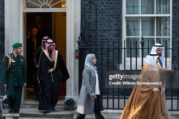 The delegation of officials from Saudia Arabia leaves 10 Downing Street after the meeting with British Prime Minister Theresa May and senior...