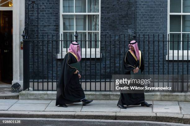 The delegation of officials from Saudia Arabia leaves 10 Downing Street after the meeting with British Prime Minister Theresa May and senior...