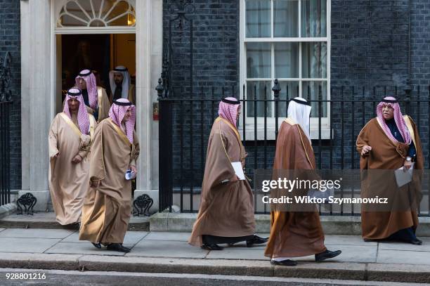 The delegation of officials from Saudia Arabia leaves 10 Downing Street after the meeting with British Prime Minister Theresa May and senior...