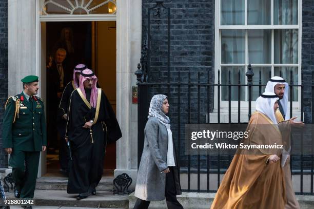 The delegation of officials from Saudia Arabia leaves 10 Downing Street after the meeting with British Prime Minister Theresa May and senior...