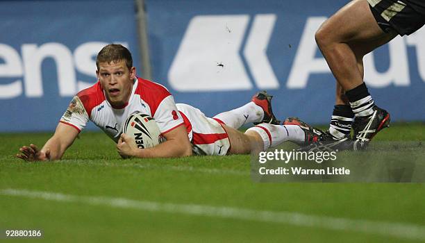 Peter Fox of England scores a try during the Gillette Four Nations match between England and New Zealand at Galpharm Stadium on November 7, 2009 in...