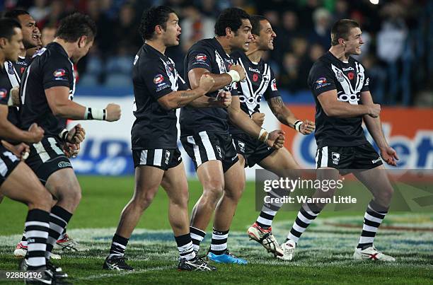 The New Zealand team perform the Haka before the Gillette Four Nations match between England and New Zealand at Galpharm Stadium on November 7, 2009...