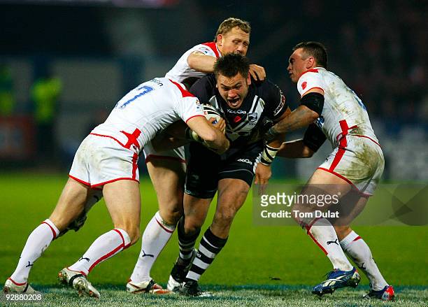 Jared Waerea-Hargreaves of New Zeland is tackled by the England side during the Gillette Four Nations match between England and New Zealand at The...