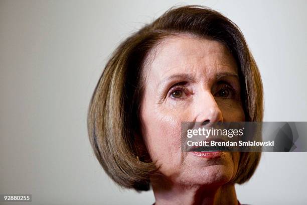 Speaker of the House Nancy Pelosi speaks with press after a caucus meeting with President Barack Obama on Capitol Hill November 7, 2009 in...