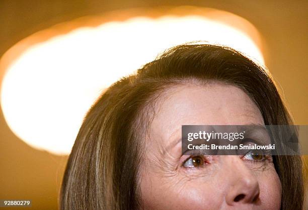 Speaker of the House Nancy Pelosi speaks with press after a caucus meeting with President Barack Obama on Capitol Hill November 7, 2009 in...