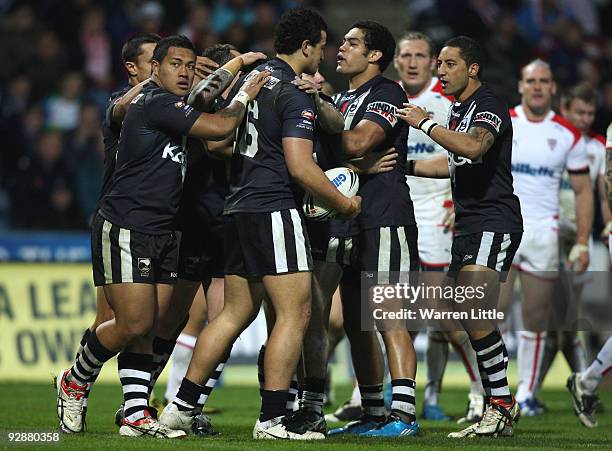 New Zealand celebrate the try of Ben Matulino during the Gillette Four Nations match between England and New Zealand at Galpharm Stadium on November...