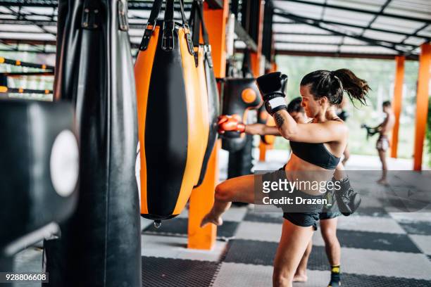 woman kicking the punching bag - mixed martial arts stock pictures, royalty-free photos & images