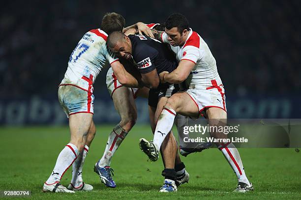Frank Pritchard of New Zealand is tackled during the Gillette Four Nations match between England and New Zealand at Galpharm Stadium on November 7,...