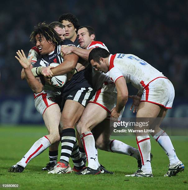 Fuifui Moimoi of New Zealand gestures to the referee as he is tackled during the Gillette Four Nations match between England and New Zealand at...