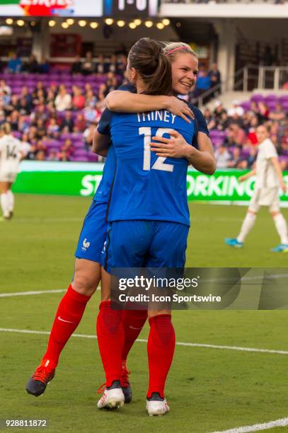 France forward Eugenie Le Sommer celebrates her goal with France midfielder Gaetane Thiney who crossed the ball for her header during the second half...