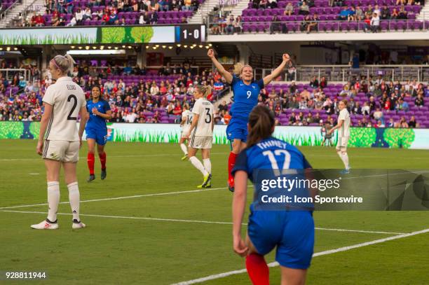 France forward Eugenie Le Sommer celebrates her goal during the second half of the SheBelieves Cup match between France and Germany on March 07 at...