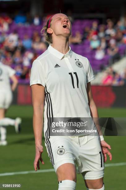 Germany forward Alexander Popp reacts to a missed opportunity during the first half of the SheBelieves Cup match between France and Germany on March...