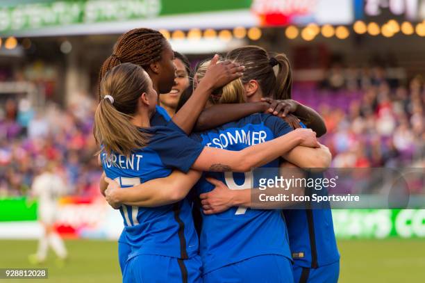 France forward Eugenie Le Sommer celebrates her goal with her teammates during the second half of the SheBelieves Cup match between France and...