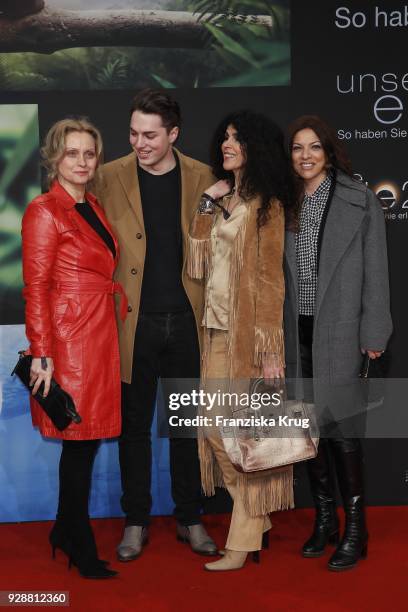 Catherine Flemming, David Zechbauer, Janine White and Alice Brauner during the 'Unsere Erde 2' premiere at Zoo Palast on March 7, 2018 in Berlin,...