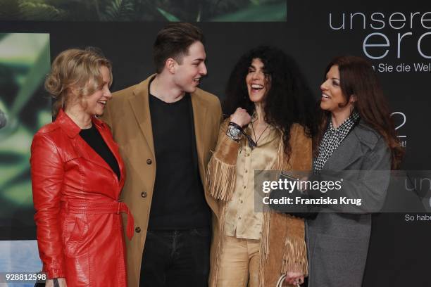 Catherine Flemming, David Zechbauer, Janine White and Alice Brauner during the 'Unsere Erde 2' premiere at Zoo Palast on March 7, 2018 in Berlin,...