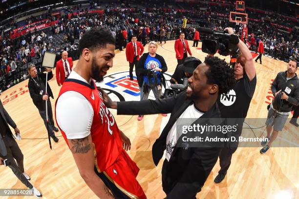 Anthony Davis of the New Orleans Pelicans greets Patrick Beverley of the LA Clippers after the game on March 6, 2018 at STAPLES Center in Los...