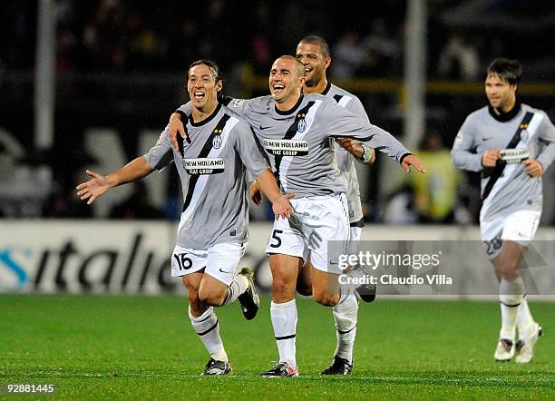 Mauro Camoranesi, Fabio Cannavaro and Felipe Melo of Juventus FC celebrate during the Serie A match between Atalanta BC and Juventus FC at Stadio...