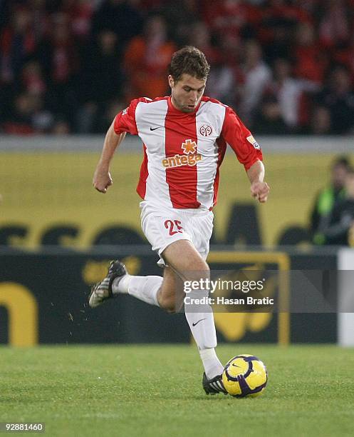 Andreas Ivanschitz of Mainz plays the ball during the Bundesliga match between FSV Mainz 05 and 1. FC Nuernberg at Bruchweg Stadium on November 7,...