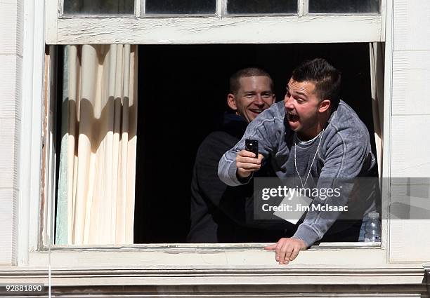 Nick Swisher and A.J. Burnett of the New York Yankees have a laugh before the New York Yankees World Series Victory Celebration at City Hall on...