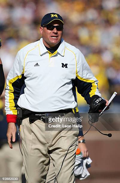 University of Michigan head coach Rich Rodriguez shouts instructions during the fourth quarter against the Purdue Boilermakers at Michigan Stadium on...