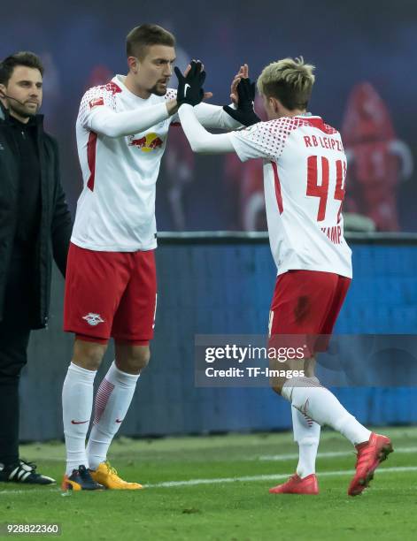Stefan Ilsanker of Leipzig comes on as a substitute for Kevin Kampl of Leipzig during the Bundesliga match between RB Leipzig and Borussia Dortmund...