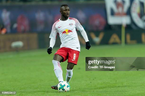 Naby Keita of Leipzig controls the ball during the Bundesliga match between RB Leipzig and Borussia Dortmund at Red Bull Arena on March 3, 2018 in...