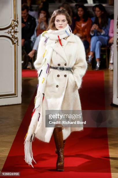Model walks the runway during the Paul & Joe show as part of the Paris Fashion Week Womenswear Fall/Winter 2018/2019 on March 06, 2018 in Paris,...