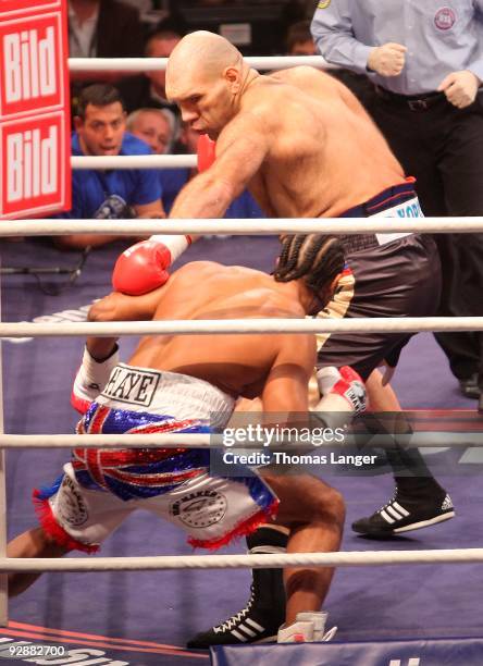 Nikolai Valuev throws a punch to the head of David Haye during the WBA world heavyweight championship fight at the Arena Nuernberger Versicherung on...