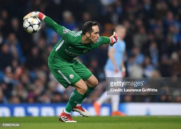Claudio Bravo of Manchester City in action during the UEFA Champions League Round of 16 Second Leg match between Manchester City and FC Basel at...