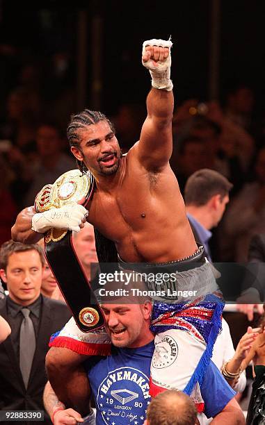 David Haye of England celebrates his win against Nikolai Valuev after their WBA World Heavyweight Championship fight on November 7, 2009 at the Arena...