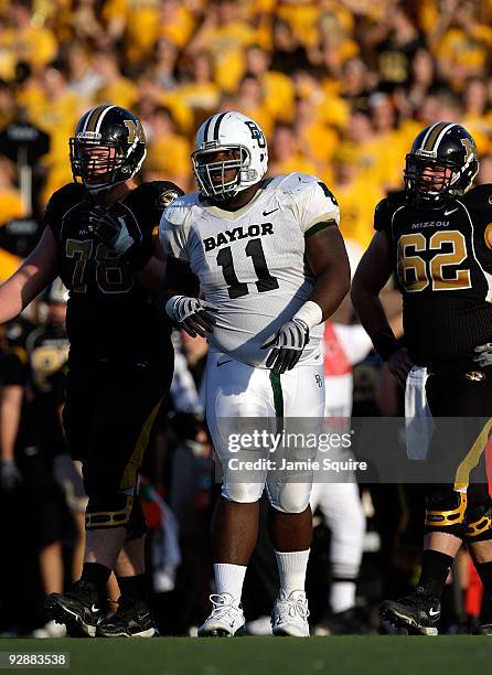 Defensive tackle Phil Taylor of the Baylor Bears in action during the game against the Missouri Tigers at Faurot Field at Memorial Stadium on...