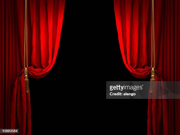red stage curtain drawn back with golden ropes - awards ceremony stock pictures, royalty-free photos & images