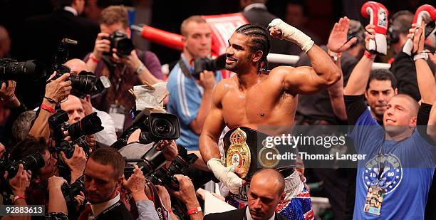 David Haye of England celebrates his win against Nikolai Valuev after their WBA World Heavyweight Championship fight on November 7, 2009 at the Arena...