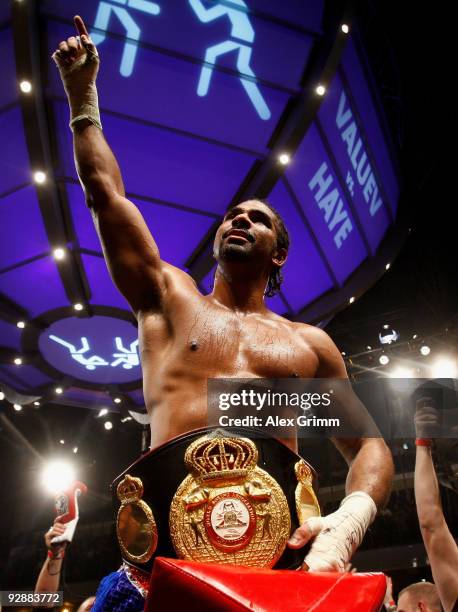 David Haye of England celebrates after defeating Nikolai Valuev of Russia in their WBA World Heavyweight Championship fight at the Arena Nuernberger...