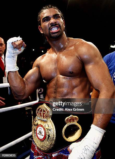 David Haye of England celebrates after defeating Nikolai Valuev of Russia in their WBA World Heavyweight Championship fight at the Arena Nuernberger...