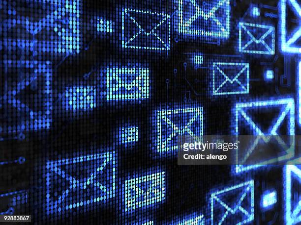 black and blue digital board with e-mail icons background - send stockfoto's en -beelden