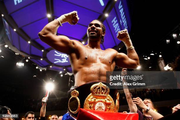 David Haye of England celebrates after defeating Nikolai Valuev of Russia in their WBA World Heavyweight Championship fight at the Arena Nuernberger...