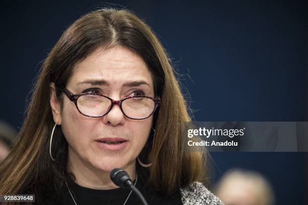 Francine Wheeler, mother of Ben Wheeler, age 6, who was killed in the 2013 Sandy Hook shooting, speaks during a meeting held by Senate Democrats in...