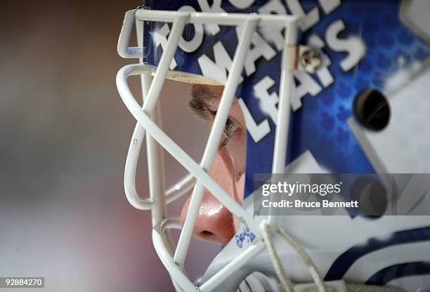 Goaltender Jonas Gustavsson of the Toronto Maple Leafs warms up prior to his game against the Detroit Red Wings at the Air Canada Centre on November...