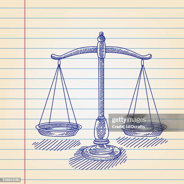 justice scale drawing on lined paper - lined paper stock illustrations