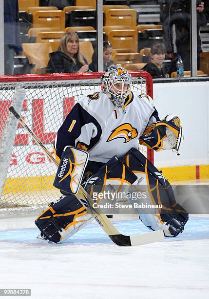 Jhonas Enroth of the Buffalo Sabres during warm-ups against the Boston Bruins at the TD Garden on November 7, 2009 in Boston, Massachusetts.